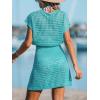 CUPSHE Women Crochet Swim Cover Up Short Sleeve V Neck Bathing Suit Beach Dress Summer Swimwear Coverups(Turquoise)