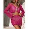 CUPSHE Women Crochet Swimsuit Cover Up Set Long Sleeve 2 Piece Summer Bathing Suit Beach Outfit(Hot Pink)