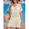 CUPSHE Women Crochet Swimsuit Cover Up Short Sleeve Beach Dress V Neck Bathing Suit Coverups for Beach Swimwear(Beige)