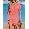 CUPSHE Women Crochet Swimsuit Cover Up Short Sleeve Beach Dress V Neck Bathing Suit Coverups for Beach Swimwear(Pink)