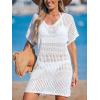 CUPSHE Women Crochet Swimsuit Cover Up Short Sleeve Beach Dress V Neck Bathing Suit Coverups for Beach Swimwear(White)