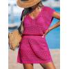 CUPSHE Women Crochet Swimsuit Cover Ups Hollow Out Short Sleeve Beach Coverup Dress(B-hot Pink)