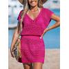 CUPSHE Women Crochet Swimsuit Cover Ups Hollow Out Short Sleeve Beach Coverup Dress(B-hot Pink)
