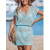 CUPSHE Women Crochet Swimsuit Cover Ups Hollow Out Short Sleeve Beach Coverup Dress(Blue)