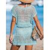 CUPSHE Women Crochet Swimsuit Cover Ups Hollow Out Short Sleeve Beach Coverup Dress(Blue)