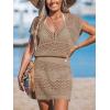 CUPSHE Women Crochet Swimsuit Cover Ups Hollow Out Short Sleeve Beach Coverup Dress(B-sand)