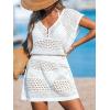 CUPSHE Women Crochet Swimsuit Cover Ups Hollow Out Short Sleeve Beach Coverup Dress(B-white)