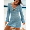 CUPSHE Women Crochet Swimsuit Cover Ups Long Sleeve Summer Beach Coverup Dress for Swimwear(Blue)