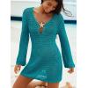 CUPSHE Women Crochet Swimsuit Cover Ups Long Sleeve Summer Beach Coverup Dress for Swimwear(Peacock Blue)