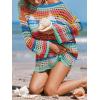 CUPSHE Women Crochet Swimsuit Cover Ups One Shoulder Long Sleeve Beach Coverup Tops(Cyan Striped)