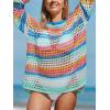 CUPSHE Women Crochet Swimsuit Cover Ups One Shoulder Long Sleeve Beach Coverup Tops(Cyan Striped)
