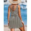 CUPSHE Women Swimsuit Cover Up V Neck Sleeveless Waffle Knit Beach Coverup Dress(Back Tie-black Striped)