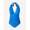 CUPSHE Women V Neck One Piece Swimsuit Halter Backless Ruched Tummy Control Bathing Suit(Azure Blue)