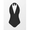 CUPSHE Women V Neck One Piece Swimsuit Halter Backless Ruched Tummy Control Bathing Suit(Black)
