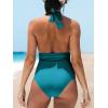 CUPSHE Women V Neck One Piece Swimsuit Halter Backless Ruched Tummy Control Bathing Suit(Cerulean Blue)