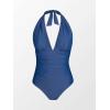 CUPSHE Women V Neck One Piece Swimsuit Halter Backless Ruched Tummy Control Bathing Suit(Dark Blue)