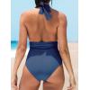 CUPSHE Women V Neck One Piece Swimsuit Halter Backless Ruched Tummy Control Bathing Suit(Dark Blue)