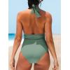 CUPSHE Women V Neck One Piece Swimsuit Halter Backless Ruched Tummy Control Bathing Suit(Green)