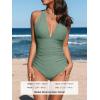 CUPSHE Women V Neck One Piece Swimsuit Halter Backless Ruched Tummy Control Bathing Suit(Green)