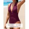 CUPSHE Women V Neck One Piece Swimsuit Halter Backless Ruched Tummy Control Bathing Suit(Purple)