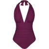 CUPSHE Women V Neck One Piece Swimsuit Halter Backless Ruched Tummy Control Bathing Suit(Purple)