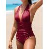 CUPSHE Women V Neck One Piece Swimsuit Halter Backless Ruched Tummy Control Bathing Suit(Wine Red)