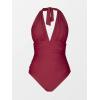 CUPSHE Women V Neck One Piece Swimsuit Halter Backless Ruched Tummy Control Bathing Suit(Wine Red)