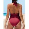 CUPSHE Women V Neck One Piece Swimsuit Halter Backless Ruched Tummy Control Bathing Suit(Wine Red)
