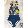 CUPSHE Women V Neck One Piece Swimsuit Halter Backless Ruched Tummy Control Bathing Suit(Yellow Floral)