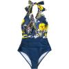 CUPSHE Women V Neck One Piece Swimsuit Halter Backless Ruched Tummy Control Bathing Suit(Yellow Floral)