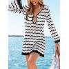 CUPSHE Women’s Crochet Swimsuit Cover Ups Summer Striped Long Sleeve Beach Coverup Dress for Swimwear(Black)