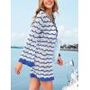 CUPSHE Women’s Crochet Swimsuit Cover Ups Summer Striped Long Sleeve Beach Coverup Dress for Swimwear(Blue)