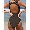 CUPSHE Women’s One Piece Swimsuit Bathing Suit Tummy Control High Neck Cutout Back Hook Mesh Swimwear(Coffee Brown)