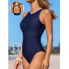 CUPSHE Women’s One Piece Swimsuit Bathing Suit Tummy Control High Neck Cutout Back Hook Mesh Swimwear(Navy Blue)