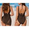 CUPSHE Women’s One Piece Swimsuit Halter Neck Self Tied Bikini Top Monokini Bathing Suit Mesh Sarong Cover Up(Brown)