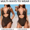 CUPSHE Women’s One Piece Swimsuit Halter Neck Self Tied Bikini Top Monokini Bathing Suit Mesh Sarong Cover Up(Brown)