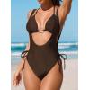CUPSHE Women’s One Piece Swimsuit Halter Neck Self Tied Bikini Top Monokini Bathing Suit Mesh Sarong Cover Up(Brown)