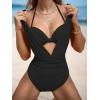 CUPSHE Women’s One Piece Swimsuit Halter Plunging Neck Bathing Suit Wide Straps Underwire Ruched Back Hook(Black)