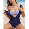 CUPSHE Women’s One Piece Swimsuit Halter Plunging Neck Bathing Suit Wide Straps Underwire Ruched Back Hook(Navy Blue/Lavender)