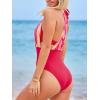 CUPSHE Women’s One Piece Swimsuit Halter Plunging Neck Bathing Suit Wide Straps Underwire Ruched Back Hook(Red/Tropical)