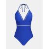 CUPSHE Women’s One Piece Swimsuit Halter V Neck Crochet Bathing Suit Cutout Back Adjustable Straps Self Tie Spaghetti(Cobalt Blue)