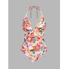 CUPSHE Women’s One Piece Swimsuit Halter V Neck Crochet Bathing Suit Cutout Back Adjustable Straps Self Tie Spaghetti(Red/Orange Floral)