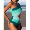 CUPSHE Women’s One Piece Swimsuit One Shoulder Bathing Suit Cutout Color Block Swimwear(Green Color Block)