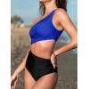 CUPSHE Women’s One Piece Swimsuit One Shoulder Color Block Side Cutout Ruched Bathing Suit(Royal Blue/Black)