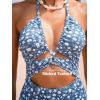 CUPSHE Women’s One Piece Swimsuit Plunging Neck Bathing Suit Halter Strappy Cutout Swimwear Textured(Dusty Blue/Floral)