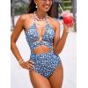 CUPSHE Women’s One Piece Swimsuit Plunging Neck Bathing Suit Halter Strappy Cutout Swimwear Textured(Dusty Blue/Floral)