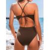 CUPSHE Women’s One Piece Swimsuit Plunging Neck Cutouts Bathing Suit Textured Ruched Crisscross Back Self Tie Swimwear(Brown)