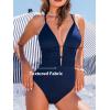 CUPSHE Women’s One Piece Swimsuit Plunging Neck Cutouts Bathing Suit Textured Ruched Crisscross Back Self Tie Swimwear(Navy Blue)