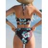 CUPSHE Women’s One Piece Swimsuit Plunging Neck Halter Strappy Bathing Suit Cutout O Ring Shell Stitch Swimwear(Chocolate Brown/Blue Floral)