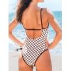 CUPSHE Women’s One Piece Swimsuit Plunging V Neck Keyhole Bathing Suit Cutout Adjustable Straps Spaghetti Color Block(Brown/White Plaid)